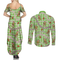 Green Palaka Hawaii Mele Kalikimaka Couples Matching Summer Maxi Dress and Long Sleeve Button Shirt Ohia Lehua Shell Leis Funny Gingerbread Santa LT14 - Polynesian Pride