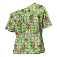 Green Palaka Hawaii Mele Kalikimaka Cross Shoulder Shirt Ohia Lehua Shell Leis Funny Gingerbread Santa LT14 - Polynesian Pride