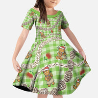 Green Palaka Hawaii Mele Kalikimaka Family Matching Off The Shoulder Long Sleeve Dress and Hawaiian Shirt Ohia Lehua Shell Leis Funny Gingerbread Santa LT14 Daughter's Dress Green - Polynesian Pride