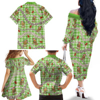 Green Palaka Hawaii Mele Kalikimaka Family Matching Off The Shoulder Long Sleeve Dress and Hawaiian Shirt Ohia Lehua Shell Leis Funny Gingerbread Santa LT14 - Polynesian Pride