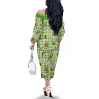 Green Palaka Hawaii Mele Kalikimaka Family Matching Off The Shoulder Long Sleeve Dress and Hawaiian Shirt Ohia Lehua Shell Leis Funny Gingerbread Santa LT14 - Polynesian Pride