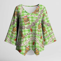 Green Palaka Hawaii Mele Kalikimaka Kimono Sleeve Blouse Ohia Lehua Shell Leis Funny Gingerbread Santa LT14 Female Green - Polynesian Pride