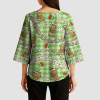 Green Palaka Hawaii Mele Kalikimaka Kimono Sleeve Blouse Ohia Lehua Shell Leis Funny Gingerbread Santa LT14 - Polynesian Pride