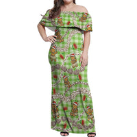 Green Palaka Hawaii Mele Kalikimaka Off Shoulder Maxi Dress Ohia Lehua Shell Leis Funny Gingerbread Santa LT14 Women Green - Polynesian Pride