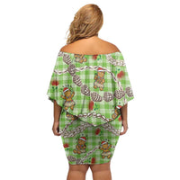 Green Palaka Hawaii Mele Kalikimaka Off Shoulder Short Dress Ohia Lehua Shell Leis Funny Gingerbread Santa LT14 - Polynesian Pride