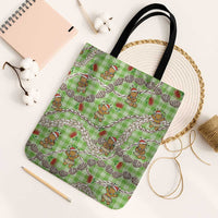 Green Palaka Hawaii Mele Kalikimaka Tote Bag Ohia Lehua Shell Leis Funny Gingerbread Santa - Polynesian Pride
