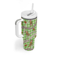 Green Palaka Hawaii Mele Kalikimaka Tumbler With Handle Ohia Lehua Shell Leis Funny Gingerbread Santa LT14 - Polynesian Pride