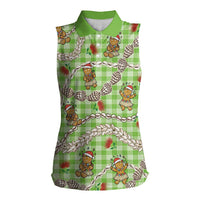 Green Palaka Hawaii Mele Kalikimaka Women Sleeveless Polo Shirt Ohia Lehua Shell Leis Funny Gingerbread Santa LT14 Female Green - Polynesian Pride