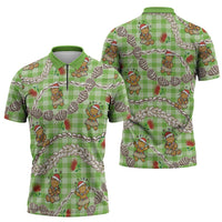 Green Palaka Hawaii Mele Kalikimaka Zipper Polo Shirt Ohia Lehua Shell Leis Funny Gingerbread Santa LT14 - Polynesian Pride