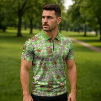 Green Palaka Hawaii Mele Kalikimaka Zipper Polo Shirt Ohia Lehua Shell Leis Funny Gingerbread Santa LT14 - Polynesian Pride