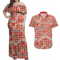 Red Palaka Hawaii Mele Kalikimaka Couples Matching Off Shoulder Maxi Dress and Hawaiian Shirt Ohia Lehua Shell Leis Funny Gingerbread Santa LT14 Red - Polynesian Pride