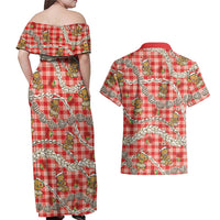 Red Palaka Hawaii Mele Kalikimaka Couples Matching Off Shoulder Maxi Dress and Hawaiian Shirt Ohia Lehua Shell Leis Funny Gingerbread Santa LT14 - Polynesian Pride