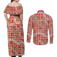 Red Palaka Hawaii Mele Kalikimaka Couples Matching Off Shoulder Maxi Dress and Long Sleeve Button Shirt Ohia Lehua Shell Leis Funny Gingerbread Santa LT14 - Polynesian Pride