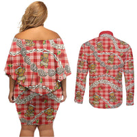 Red Palaka Hawaii Mele Kalikimaka Couples Matching Off Shoulder Short Dress and Long Sleeve Button Shirt Ohia Lehua Shell Leis Funny Gingerbread Santa LT14 - Polynesian Pride