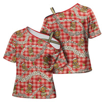 Red Palaka Hawaii Mele Kalikimaka Cross Shoulder Shirt Ohia Lehua Shell Leis Funny Gingerbread Santa LT14 - Polynesian Pride