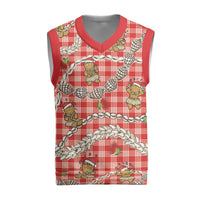 Red Palaka Hawaii Mele Kalikimaka Christmas Knitted V-Neck Vest Ohia Lehua Shell Leis Funny Gingerbread Santa LT14 Red - Polynesian Pride