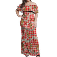 Red Palaka Hawaii Mele Kalikimaka Off Shoulder Maxi Dress Ohia Lehua Shell Leis Funny Gingerbread Santa LT14 Women Red - Polynesian Pride