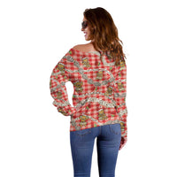 Red Palaka Hawaii Mele Kalikimaka Off Shoulder Sweater Ohia Lehua Shell Leis Funny Gingerbread Santa - Polynesian Pride