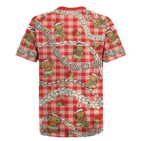 Red Palaka Hawaii Mele Kalikimaka Rugby Jersey Ohia Lehua Shell Leis Funny Gingerbread Santa - Polynesian Pride