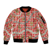 Red Palaka Hawaii Mele Kalikimaka Sleeve Zip Bomber Jacket Ohia Lehua Shell Leis Funny Gingerbread Santa LT14 Unisex Red - Polynesian Pride