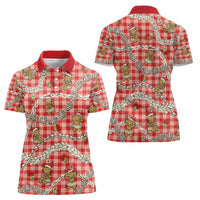 Red Palaka Hawaii Mele Kalikimaka Women Polo Shirt Ohia Lehua Shell Leis Funny Gingerbread Santa - Polynesian Pride