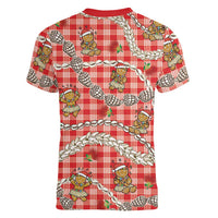 Red Palaka Hawaii Mele Kalikimaka Women V-Neck T-Shirt Ohia Lehua Shell Leis Funny Gingerbread Santa LT14 - Polynesian Pride