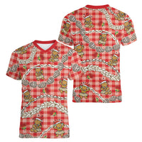 Red Palaka Hawaii Mele Kalikimaka Women V-Neck T-Shirt Ohia Lehua Shell Leis Funny Gingerbread Santa LT14 - Polynesian Pride