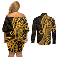 Gold Polynesia Paisley Couples Matching Off Shoulder Short Dress and Long Sleeve Button Shirt Polynesian With Tropical Flowers LT14 - Polynesian Pride