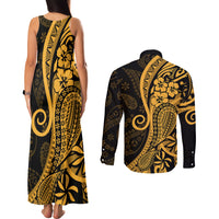Gold Polynesia Paisley Couples Matching Tank Maxi Dress and Long Sleeve Button Shirt Polynesian With Tropical Flowers LT14 - Polynesian Pride