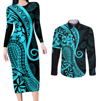 Polynesia Paisley Couples Matching Long Sleeve Bodycon Dress and Long Sleeve Button Shirt Polynesian With Tropical Flowers - Turquoise LT14 Turquoise - Polynesian Pride