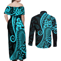 Polynesia Paisley Couples Matching Off Shoulder Maxi Dress and Long Sleeve Button Shirt Polynesian With Tropical Flowers - Turquoise LT14 - Polynesian Pride