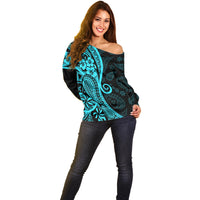 Polynesia Paisley Off Shoulder Sweater Polynesian With Tropical Flowers - Turquoise LT14 - Polynesian Pride