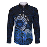 Talofa Samoa Family Matching Puletasi Dress and Hawaiian Shirt Samoan Kava Bowl Siapo Pattern - Blue LT14 Dad's Shirt - Long Sleeve Blue - Polynesian Pride