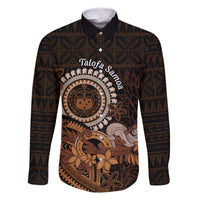 Talofa Samoa Family Matching Off Shoulder Long Sleeve Dress and Hawaiian Shirt Samoan Kava Bowl Siapo Pattern - Brown LT14 Dad's Shirt - Long Sleeve Brown - Polynesian Pride