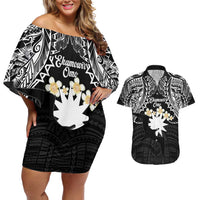 Ekamowir Omo Nauru Couples Matching Off Shoulder Short Dress and Hawaiian Shirt Naoero Twelve-pointed Star Polynesian Tattoo LT14 Black - Polynesian Pride