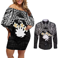 Ekamowir Omo Nauru Couples Matching Off Shoulder Short Dress and Long Sleeve Button Shirt Naoero Twelve-pointed Star Polynesian Tattoo LT14 Black - Polynesian Pride