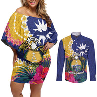 Nauru Independence Day Couples Matching Off Shoulder Short Dress and Long Sleeve Button Shirt Coat Of Arms With Tropical Flowers LT14 Blue - Polynesian Pride