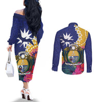 Nauru Independence Day Couples Matching Off The Shoulder Long Sleeve Dress and Long Sleeve Button Shirt Coat Of Arms With Tropical Flowers LT14 - Polynesian Pride