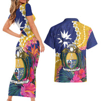 Nauru Independence Day Couples Matching Short Sleeve Bodycon Dress and Hawaiian Shirt Coat Of Arms With Tropical Flowers LT14 - Polynesian Pride