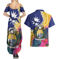 Nauru Independence Day Couples Matching Summer Maxi Dress and Hawaiian Shirt Coat Of Arms With Tropical Flowers LT14 - Polynesian Pride