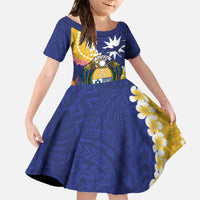 Nauru Independence Day Family Matching Off The Shoulder Long Sleeve Dress and Hawaiian Shirt Coat Of Arms With Tropical Flowers LT14 Daughter's Dress Blue - Polynesian Pride