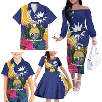Nauru Independence Day Family Matching Off The Shoulder Long Sleeve Dress and Hawaiian Shirt Coat Of Arms With Tropical Flowers LT14 - Polynesian Pride
