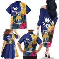 Nauru Independence Day Family Matching Off The Shoulder Long Sleeve Dress and Hawaiian Shirt Coat Of Arms With Tropical Flowers LT14 - Polynesian Pride