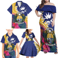 Nauru Independence Day Family Matching Off Shoulder Maxi Dress and Hawaiian Shirt Coat Of Arms With Tropical Flowers LT14 - Polynesian Pride