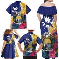 Nauru Independence Day Family Matching Off Shoulder Maxi Dress and Hawaiian Shirt Coat Of Arms With Tropical Flowers LT14 - Polynesian Pride