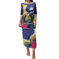 Nauru Independence Day Family Matching Puletasi and Hawaiian Shirt Coat Of Arms With Tropical Flowers LT14 Mom's Dress Blue - Polynesian Pride