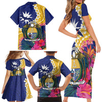 Nauru Independence Day Family Matching Short Sleeve Bodycon Dress and Hawaiian Shirt Coat Of Arms With Tropical Flowers LT14 - Polynesian Pride