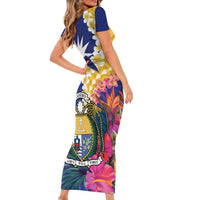 Nauru Independence Day Family Matching Short Sleeve Bodycon Dress and Hawaiian Shirt Coat Of Arms With Tropical Flowers LT14 - Polynesian Pride