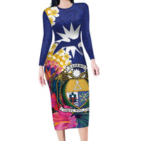 Nauru Independence Day Long Sleeve Bodycon Dress Coat Of Arms With Tropical Flowers LT14 Long Dress Blue - Polynesian Pride