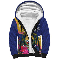 Nauru Independence Day Sherpa Hoodie Coat Of Arms With Tropical Flowers LT14 Unisex Blue - Polynesian Pride